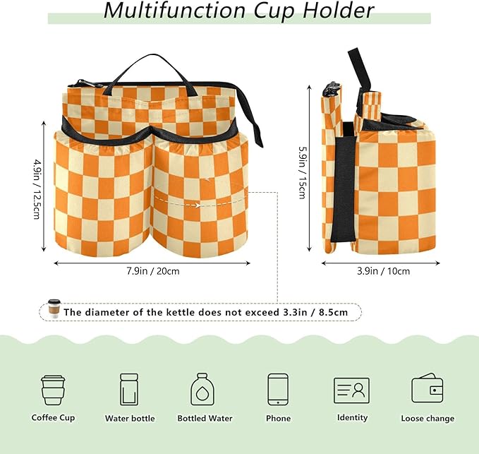 Luggage Cup Caddy Bag Carrier with Handle - Free Hands Travel Drink Holder in Checkered Orange