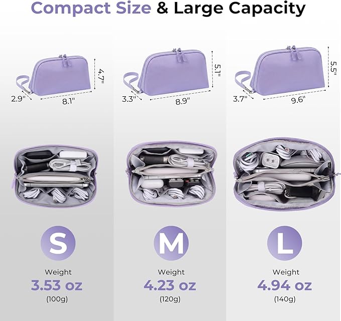 FYY Travel Cable Organizer - 8 Compartments Lightweight Water Resistant Tech Pouch with Wrist Strap, Portable Electronic Accessories Case for Cord Charger Storage for Travel Home Office Purple (Large)