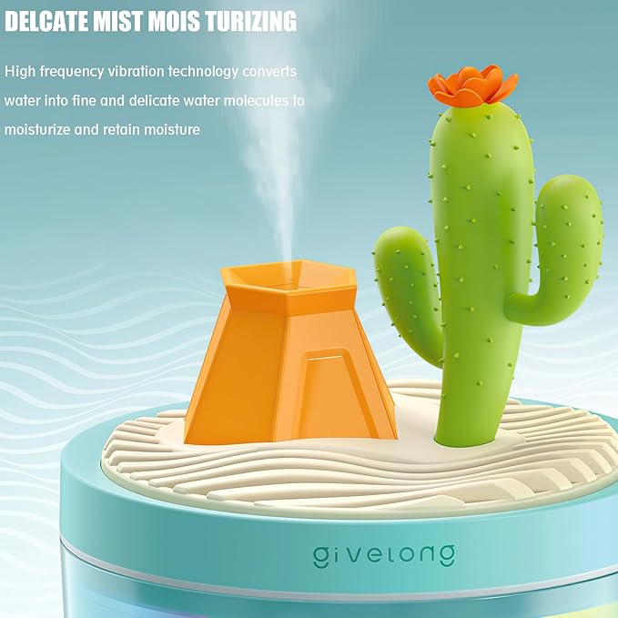 PRATIQUE Mini Portable Desktop Humidifiers for Bedroom,Small Humidifier with Cactus Landscape,Quiet,Cool Mist, Auto Off,7 Colors Night Light,320ml Air Humidifier Home Office Travel (GREEN)