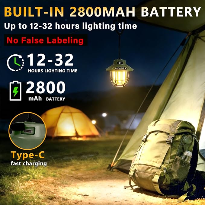 Rechargeable Camping Lantern, 4 Light Modes, Portable for Hiking, Power Outage Emergency, Handheld or Hanging Tent Light for Outdoor, Camp, Home
