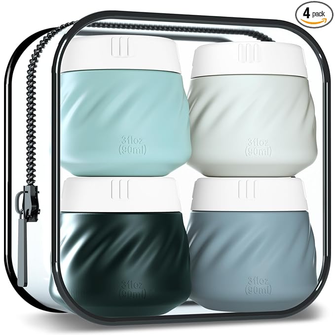 Gemice Silicone Cream Jars TSA Approved Travel Size Containers with Clear Bag, Leak-proof Travel Accessories with Lid for Cosmetic Face Body Hand Cream (4 Pack)