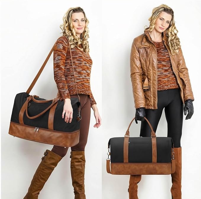 Oeihuivt Weekender Bags for Women - 21 Inch Large Travel Duffel Bag 2-Piece Set with Shoe Compartment, Heavy-Duty Canvas Leather Carry On Overnight Tote