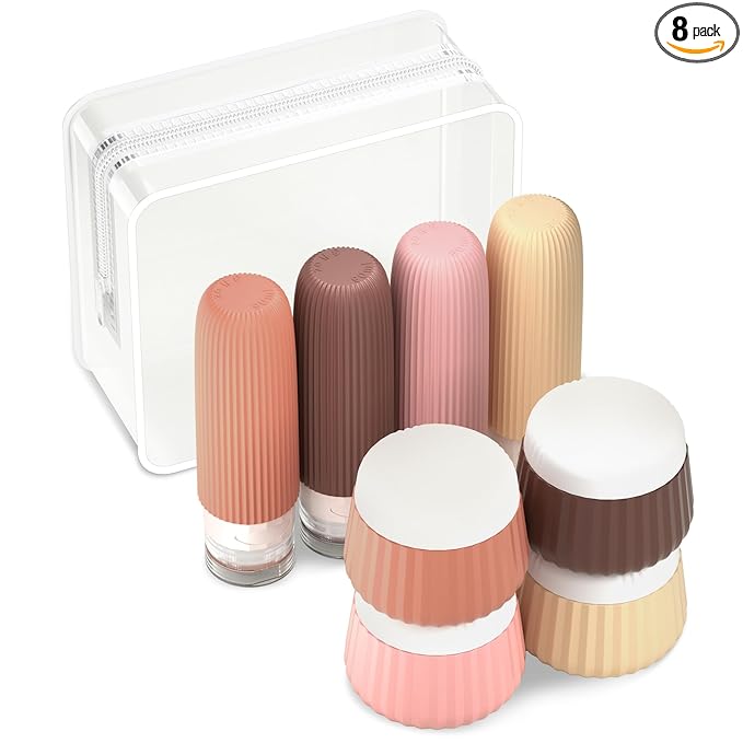Mrsdry Travel Bottles 8 Pack, TSA Approved 3 oz Toiletries Containers, Leak Proof Silicone Squeezable Essentials Jars with Clear Bag