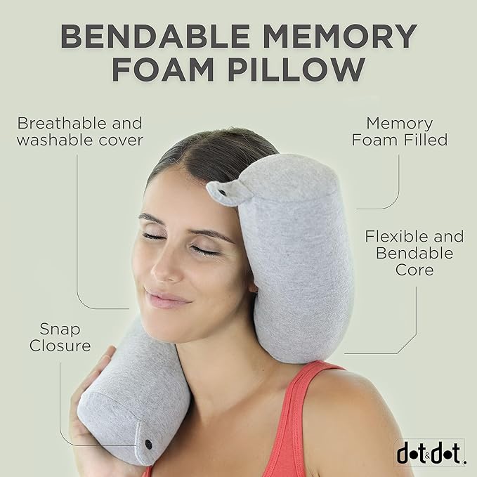 Dot&Dot Twist Memory Foam Travel Pillow, Bendable Neck Pillow for Airplane, Car and Home, Airplane Pillow for Neck Support, Chin, Lumbar and Leg, Adjustable Neck Roll Pillow