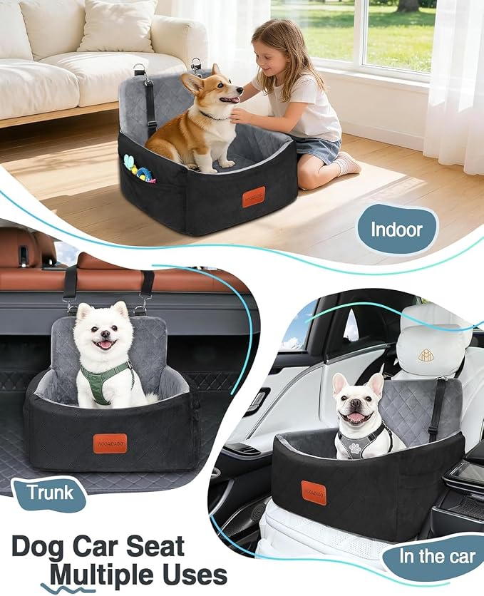 WOOAIDAGG Dog Car Seat for Small Dogs Under 30lbs, Comfy & Safe Travel Bed with Washable Cover, 2 Clip-On Safety Leashes and Pockets, Anti-Slip Base, Easy to Install(Black/Grey)