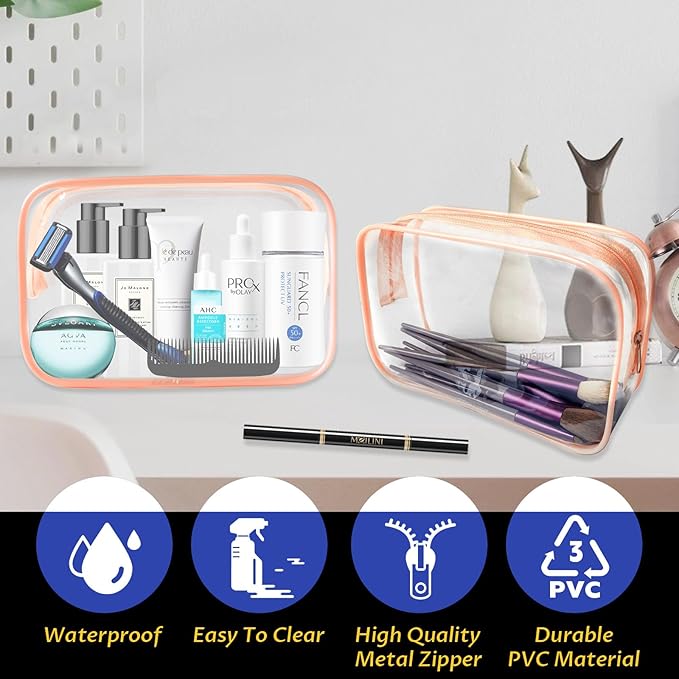 16 Pieces Clear Makeup Bags Bulk, TSA Approved Toiletry Bag for Travel, PVC Waterproof Travel Pouches Clear Pouch with Zipper for Men and Women Carry-on Travel Essentials Cosmetic Bags (Orange)
