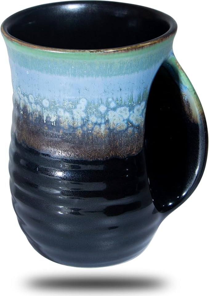 Hand Warmer Mug for Coffee - 16 Ounce Large Hand Warming Mugs Handmade Pottery Ceramic Gift for Thanksgiving Christmas with Contoured Pocket, Keep Your Fingers Warmth, Right Handed, Blue