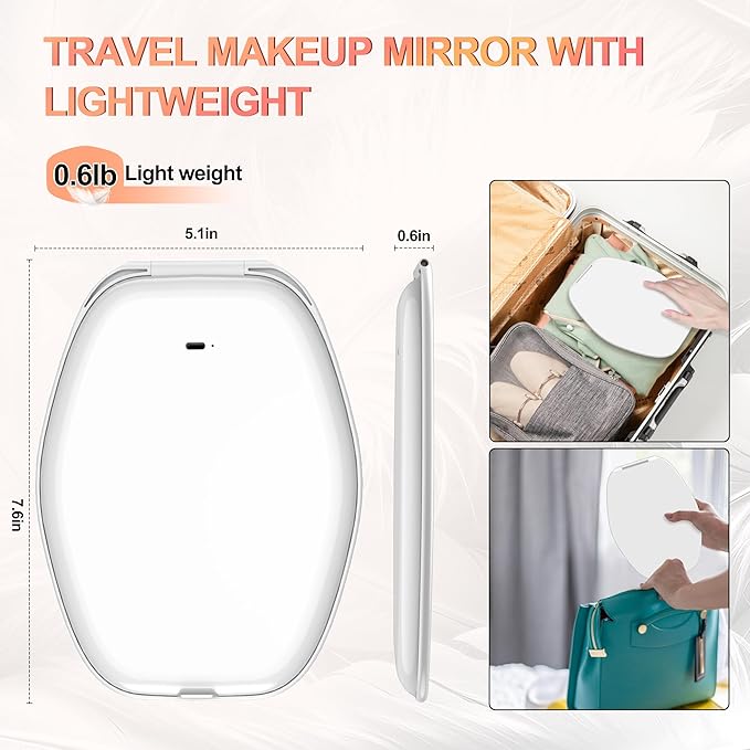 COSYGLOW Travel Makeup Mirror with Light: 3 Color Lighting Portable Mirror with Touch Screen Rechargeable Adjustable LED Lights Hexagon Vanity Mirror for Travel, Desk, Home(White)