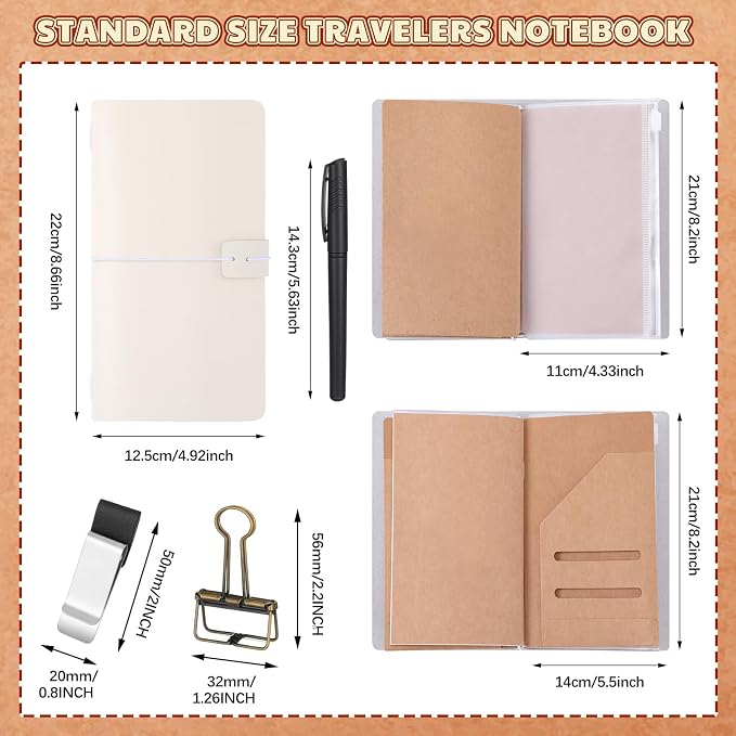 Thenshop Travelers Refillable Leather Journal Notebook Travel Diary Handmade Passport Travelers Journal for Men and Women with 3 Notebook Inserts, Pen Holder, Binder Clip(White,Stand Size)