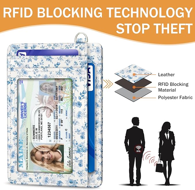 Yonlevres Credit Card Holder Slim Wallet Women, Floral Flowers RFID Blocking Small Front Pocket Travel Cute Thin ID Window PU Leather Mini Organizer Case Purse Gift Woman Girls Ladies