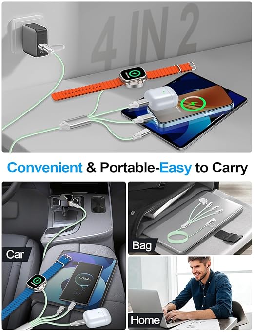 Travel Essentials,Multi Charging Cable for Apple Watch Charger/iPhone Charger/Samsung Charger,USB A & Type C Power Cable for iWatch Ultra/10-2/iPhone 17-11/Samsung S26,Serial Cables,Car[1.2M]-Green