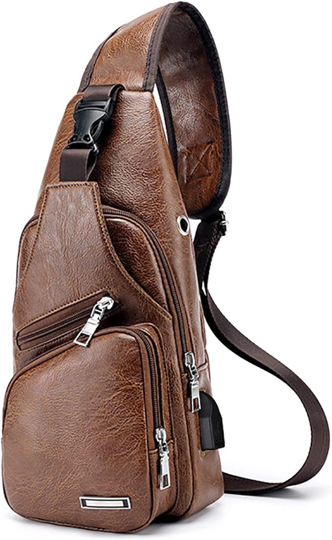 Peicees Leather Sling Bag Mens Crossbody Bag Chest Bag Sling Backpack for Men with USB Charge Port
