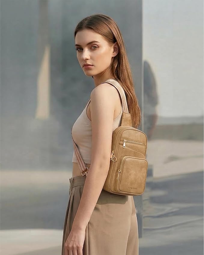 Anti Theft Crossbody Bags for Women,RFID Sling Bag Travel Purse,Vegan Leather Cross Body Purses Chest Bag for Travel(khaki)