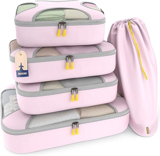 Shacke 5 Set Packing Cubes for Travel – Luggage Organizer & Suitcase Bags with Laundry Bag, Carry On Packing Organizer, Travel Accessories for Women Men (Petal Pink)