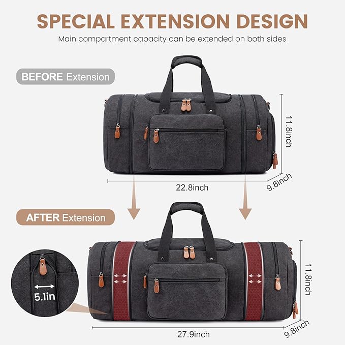 Sucipi Canvas Travel Duffel Bag for Men, Weekend Overnight Bag with Shoe Compartment and Toiletry Bag, Carry-On for Airplanes, Dark Grey