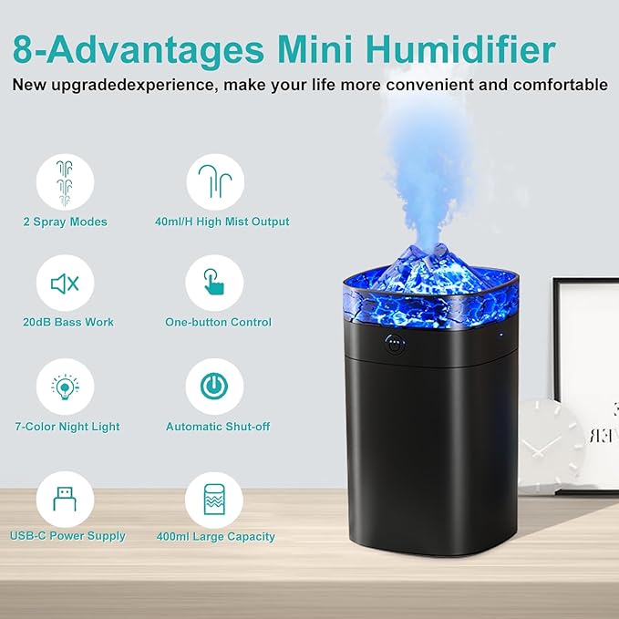 Portable Small Humidifier, 400ml Cool Mist Humidifiers for Bedroom, USB Powered Desktop Humidifier with Light for Car, Office, Travel, Plants, Auto Shut-Off, 2 Mist Modes, Super Quiet, Black-Crackle