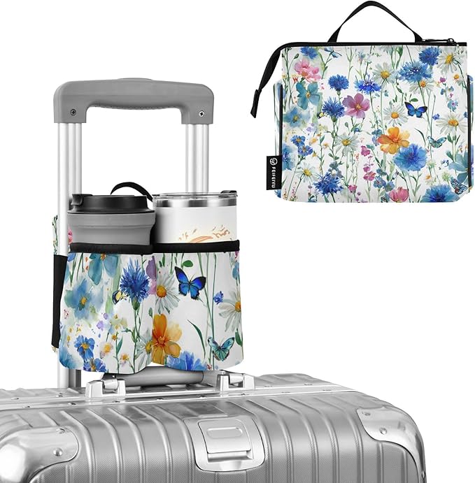 Luggage Cup Holder for Suitcases Free Hands Suitcase Cup Holder Travel Luggage Drink Holder Portable Luggage Cup Caddy Bag Carrier with Handle Watercolor Cornflower Daisy
