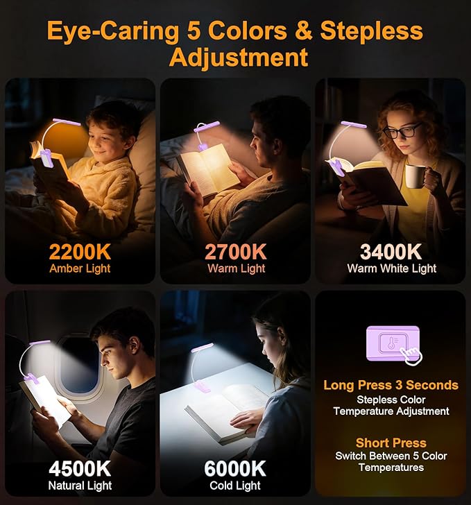 Gritin 2026 Gen 2 Book Light for Reading- 32 Eye Caring Full Spectrum LED, 5 Colors & 5 Brightness, Adjustable Wide/Narrow Beam, Upgrade 1500mAh Long-Lasting Clip on Light for Book Lovers-Purple