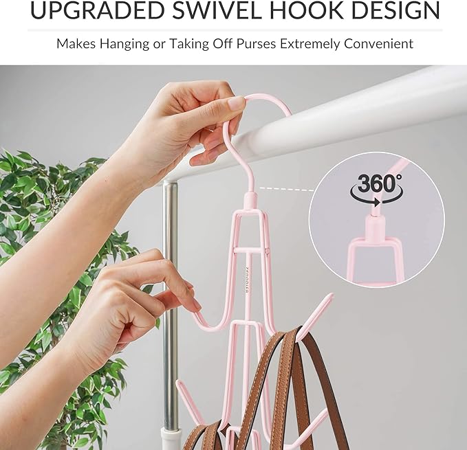 ZEDODIER 2 Pack Purse Organizer for Closet, Heavy-Duty Hanging Purse Hanger Closet Holds Up to 12 Purses, Metal Rotating Space Saving Bag Holder Handbag Storage Hook Backpack Rack, Pink