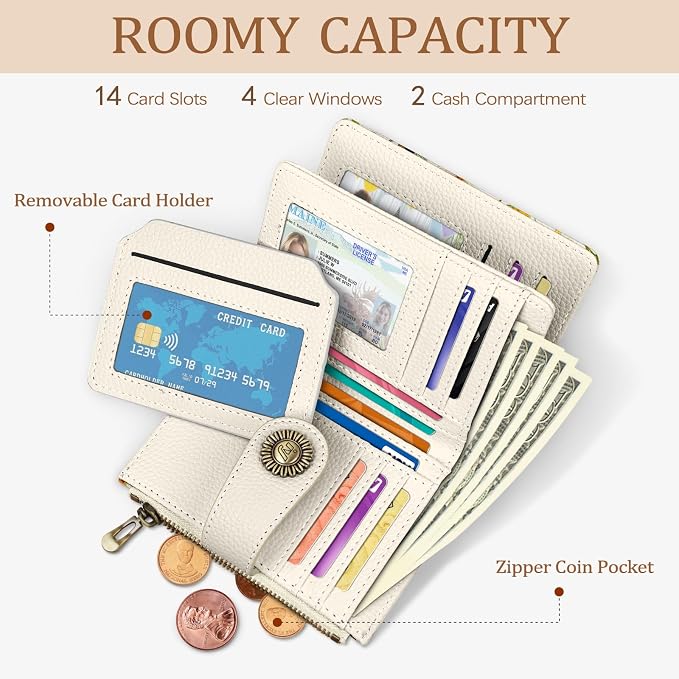 Icycay Floral Bee Small Wallet Women RFID Blocking Bifold, Credit Card Holder, Zipper Coin Pocket, PU Leather, Cute, Compact, Travel, 4 ID Window, 14 Card Slots, Cash Purse, Ladies Woman Female Girls