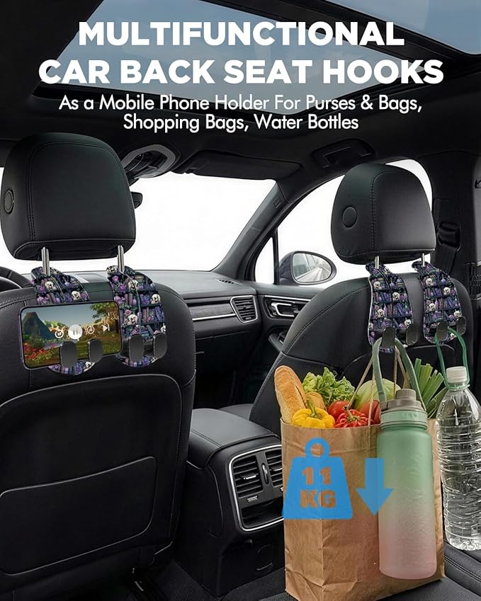 WOCOCN Purse Holder for Car, 2 Pack Heavy Duty Purse Hanger for Car, PU Leather Car Seat Hooks for Purses and Bags, Cute Purple Skeleton Headrest Organizer for Handbags & Backpacks