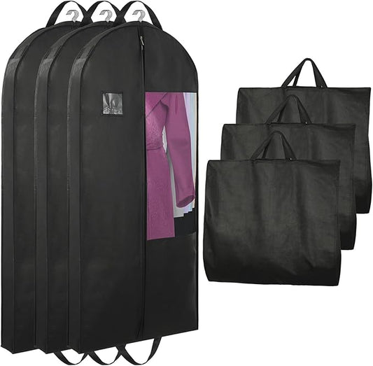 Garment Bags for Hanging Clothes and Travel with 4" Gusseted, Suit Cover for Clothes,Coats,Suit,Jackets,Dress,Shirts,Skirt. (Black-50"-3pcs-Double zipper-Thickened 80G Non-woven Fabric)