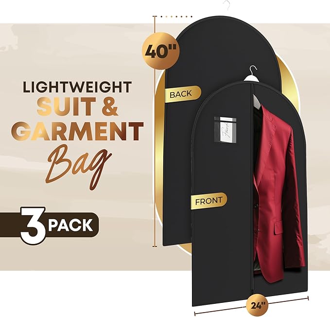 Your Bags Travel Garment Bag – Durable Zippered Single Suit Bag for Storage – Water-Resistant Clothes Cover - Hanging Garment Bags for Travel with ID Pocket – 40" x 24" - Black (Pack of 3)