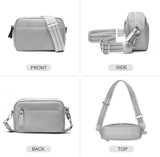 Small Crossbody Bags for Women Genuine Leather, Guitar Strap Shoulder Handbag Purse Camera Bag with Rfid Card Slots, grey