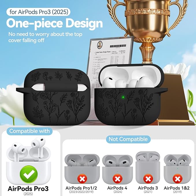 for Airpods Pro 3 Case, Flower Engraved Cases for Apple AirPods Pro 3rd Generation 2025, Soft Silicone Cover for Men Women Girly with Cleaning Kit & Keychain, Anti-Scratch, Shockproof