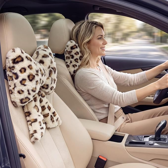 Macarrie 2 Pcs Car Neck Pillow Plush Butterfly Bow Car Headrest Pillow Comfortable Seat Neck Support Cute Head Rest Accessories for Driving Travel Driver Chair Girl Interior Decor(Gray,Leopard)