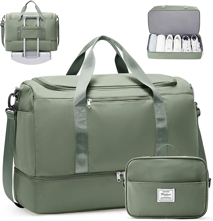 Large Travel Duffle Bag with Shoe Compartment, Weekender Bags for Women, Carry On Overnight Bags for Gym Sports & Business Trips, Water-Resistant Hospital Bag for Labor and Delivery,Green