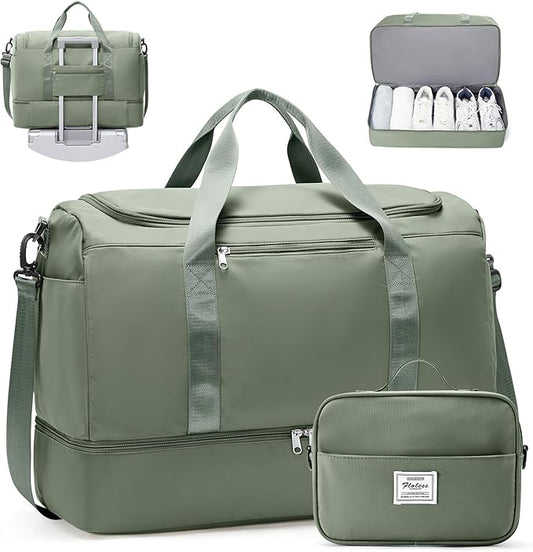 Large Travel Duffle Bag with Shoe Compartment, Weekender Bags for Women, Carry On Overnight Bags for Gym Sports & Business Trips, Water-Resistant Hospital Bag for Labor and Delivery,Green
