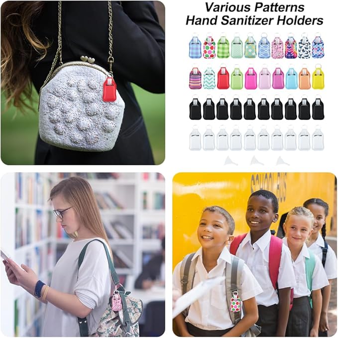 8Pcs Hand Sanitizer Keychain Holders, Set Includes 4 Pcs Holder Keychains and 4 Pcs Reusable Flip Cap Travel Bottles