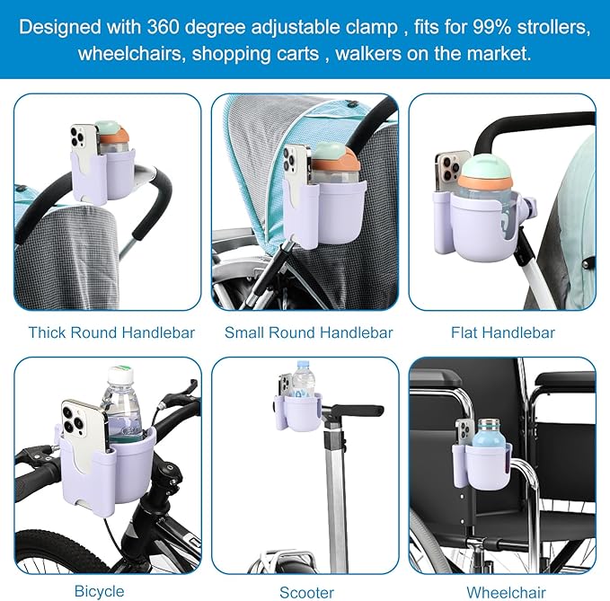Accmor Stroller Cup Holder with Phone Holder, Bike Cup Holder, Universal Cup Holder for Uppababy Nuna Doona Strollers, 2-in-1 Cup Holder for Walker, Wheelchair, Scooter