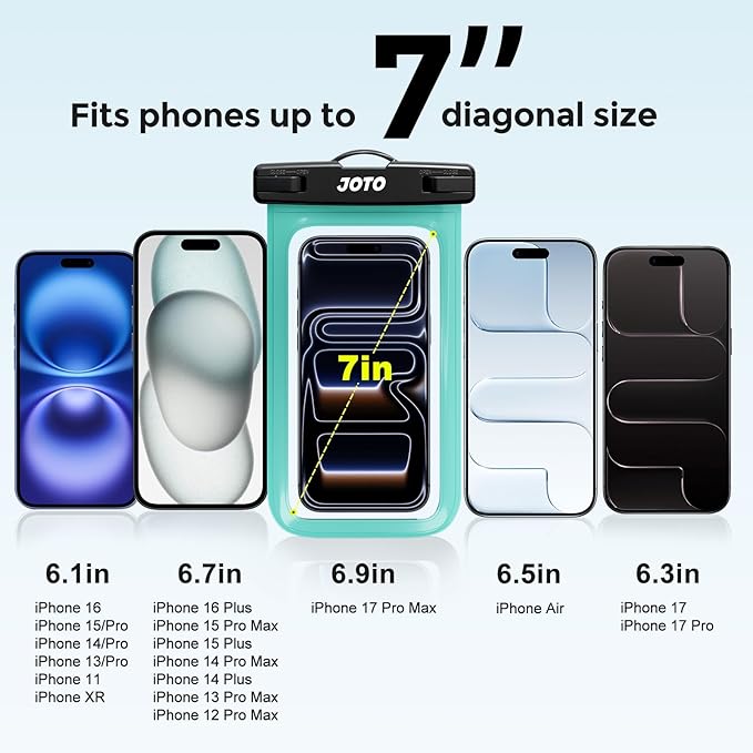 JOTO 2 Pack Waterproof Phone Pouch Case Up to 7", IPX8 Underwater Phone Case Cellphone Dry Bag for iPhone 17/Air 16 15 14 13 12 Pro Max Xs Max XR X 8 7 6S Plus SE/Galaxy S24 S23 S22 -Black & Green