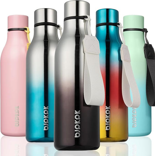 BJPKPK Insulated Water Bottles, 18 oz Stainless Steel Metal Water Bottle with Strap, BPA Free Leak Proof Jugs, Mugs, Flasks, Reusable Thermal Flasks for Sports & Travel, Silver Miner