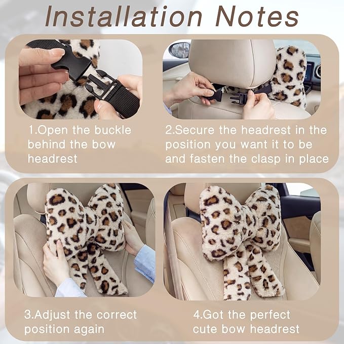 Macarrie 2 Pcs Car Neck Pillow Plush Butterfly Bow Car Headrest Pillow Comfortable Seat Neck Support Cute Head Rest Accessories for Driving Travel Driver Chair Girl Interior Decor(Gray,Leopard)