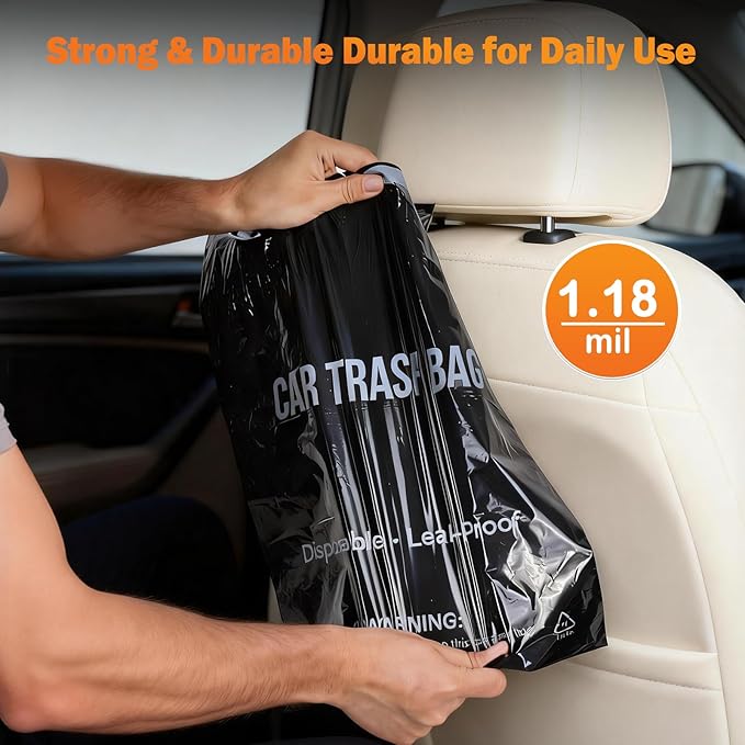 100 Count Recycled Disposable Car Trash Bags - 2.5 Gallon Heavy Duty Alternative to Bulky Car Trash Can & Car Garbage Can, Leakproof Smellproof Hanging & Stick-On Garbage Bag for Car, SUV, Truck