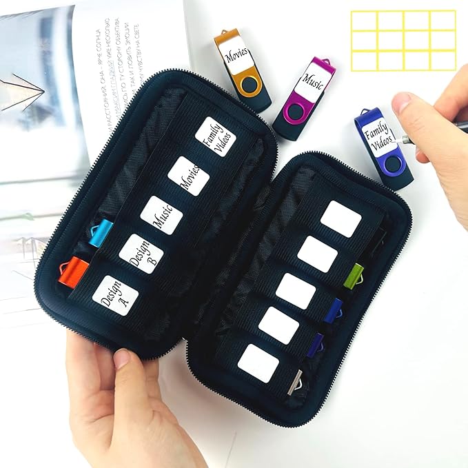 JBOS 10 Slots Neoprene USB Flash Drive Case with 20 Identification Labels,Anti-Static Thumb Drive Organizer Bag, Slim Portable Memory Stick Storage Pouch for Travel, Office & Home, Black