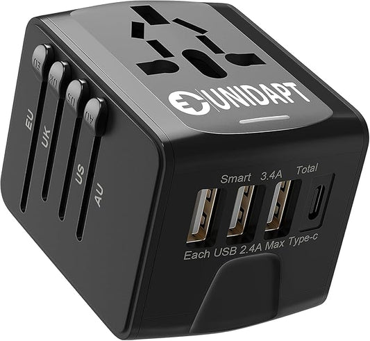 Unidapt International Travel Adapter, Universal Power Adapter Worldwide with 3 USB-A, 1 Type-C - Perfect for Travel to Europe US, EU, UK, AU Over 160 Countries (Black)