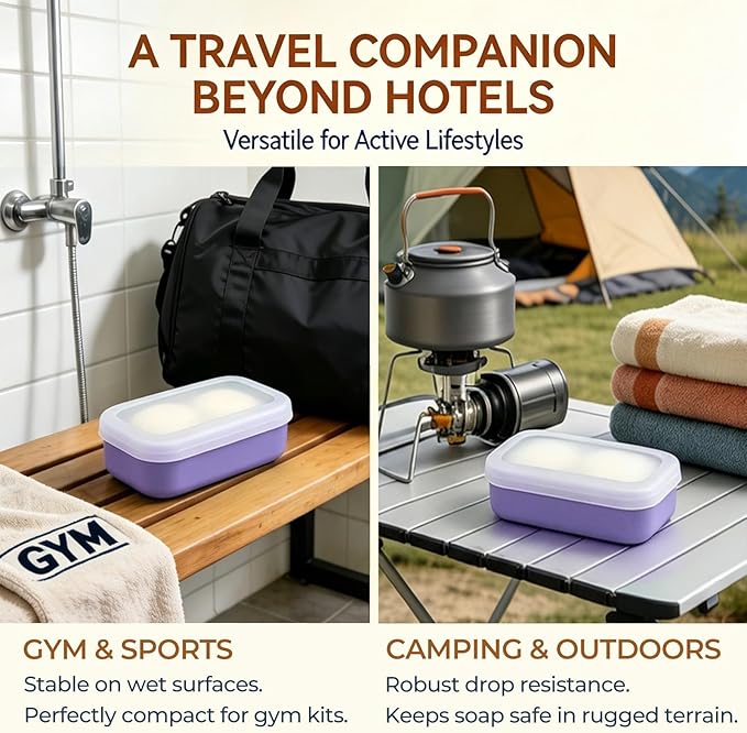 AIMAIAIMAI Silicone Shampoo Bar Travel Case with Drain Pad – Leak Proof Bar Soap Travel Case for 2 Bars, Shampoo & Conditioner Bar Holder for Camping, Gym | 1 Pack, Translucent & Light-Purple