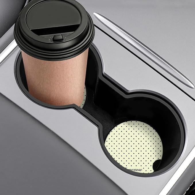 Cute Fashion Polka Dot Car Coasters 2 Pack for Cup Holders, 2.56 Inch Finger Notch Retro 70's Style Ceramics Heat Resistant Anti Slip Cork Base Car Drinks Coasters Auto Accessories-Yellow
