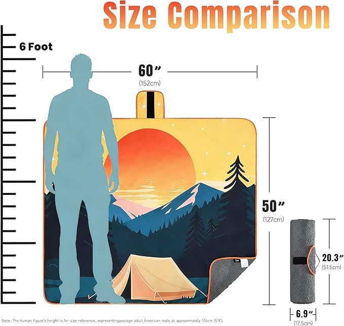 Tirrinia Waterproof Outdoor Blanket with Sherpa Lining, Windproof Triple Layers Warm Comfy Foldable for Camping Stadium, Beach, Picnic, Grass, Concerts, Car, Dog, 51''X 59'' & 59''X 80''
