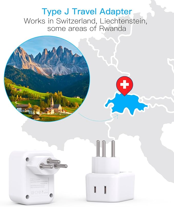 Switzerland Travel Plug Adapter, HANYCONY Type J Power Adapter with 2 Outlets 2 USB C Ports, Swiss Plug Adapter for Amercian US to Switzerland, Liechtenstein, Rwanda, 2 Pack