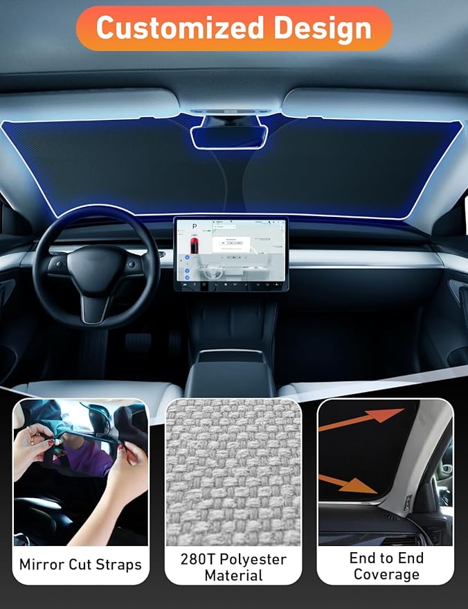 EcoNour Windshield Sun Shade Compatible for Tesla Model 3 & Model Y Juniper 2017-2024 2025 2026, Sun Visor for EV Front Window Sunshade, Foldable Heat & UV Protector, Car Accessories
