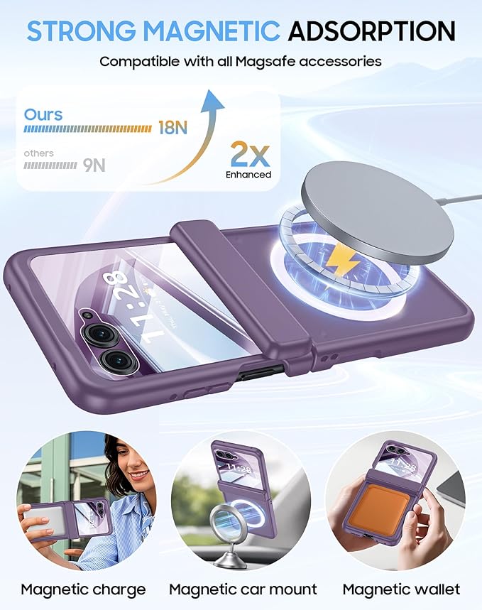 Magnetic for Motorola Razr 2026 Case with Hinge Protection, Screen Protector, Compatible with MagSafe,Skin Feel Translucent Frosted, Shockproof Slim Cover for Moto Razr 2026-Purple