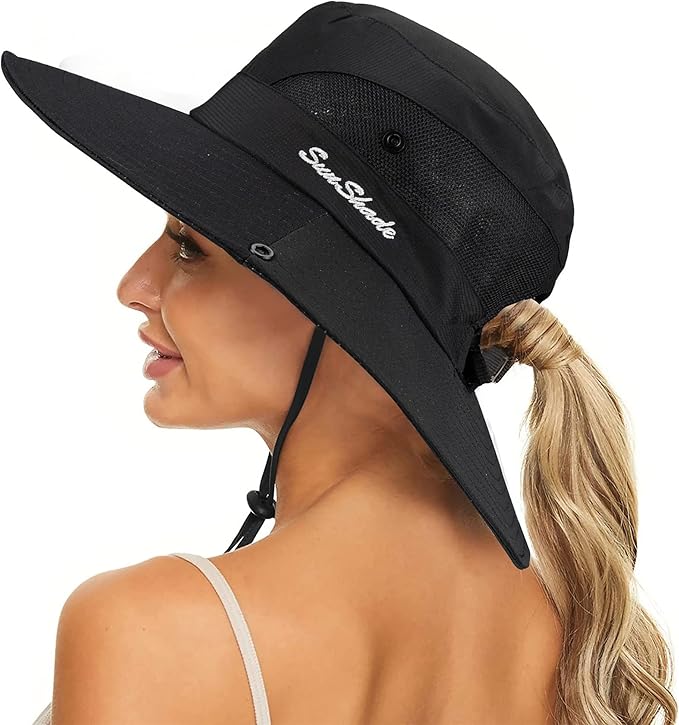 Women's Summer Sun-Hat Ponytail - Outdoor UV-Protection Mesh Wide Brim Foldable Hat with Ponytail Hole