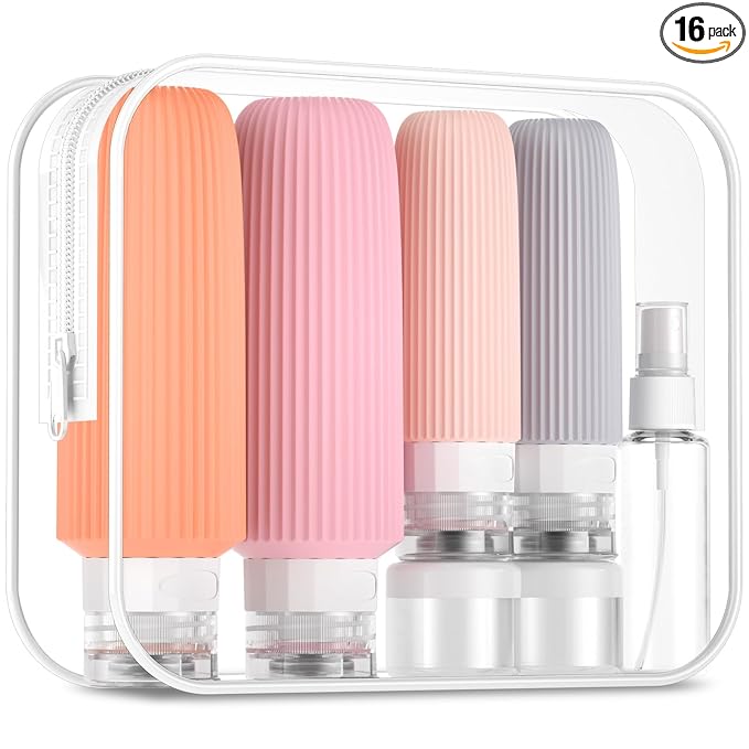 Mrsdry 16 Pack Travel Bottles for Toiletries, Oversize Silicone Travel Containers jar for Toiletries, Leak Proof Refillable Liquid Shampoo And Conditioner Travel Essentials toiletry Bottles