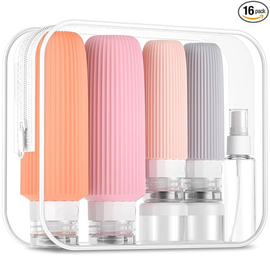 Mrsdry 16 Pack Travel Bottles for Toiletries, Oversize Silicone Travel Containers jar for Toiletries, Leak Proof Refillable Liquid Shampoo And Conditioner Travel Essentials toiletry Bottles