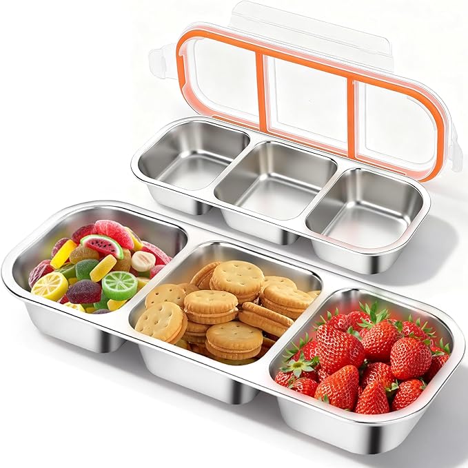 2Pack Reusable Stainless Steel Snack Containers with Leakproof Lids 3 Compartment, Stackable Metal Food Storage Lunch Boxes for Adults, Meal Prep, Travel, Office (2)